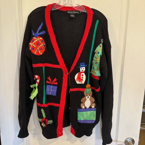 Work in Progress Gladys Bagley Vintage Christmas Ugly Sweater Cardigan sz medium - Picture 2 of 7